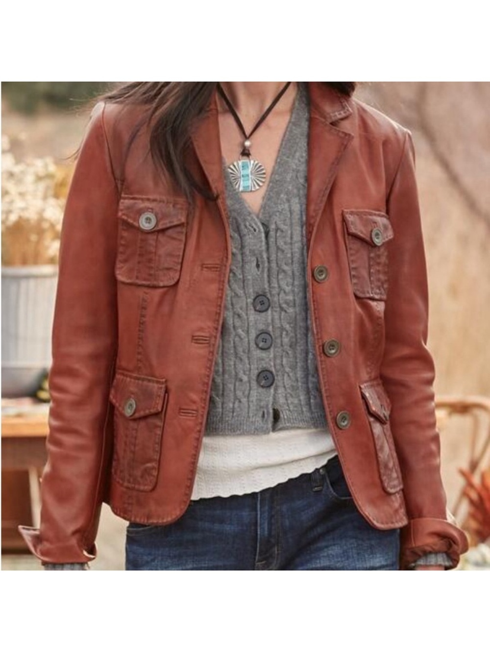 Sundance Rust Brown Leather Military-Style Field Jacket -women’s